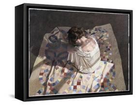 Woman Sitting on a Quilt-Helen J. Vaughn-Framed Stretched Canvas