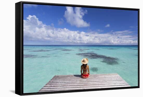 Woman Sitting on Jetty, Fakarava, Tuamotu Islands, French Polynesia (Mr)-Ian Trower-Framed Stretched Canvas