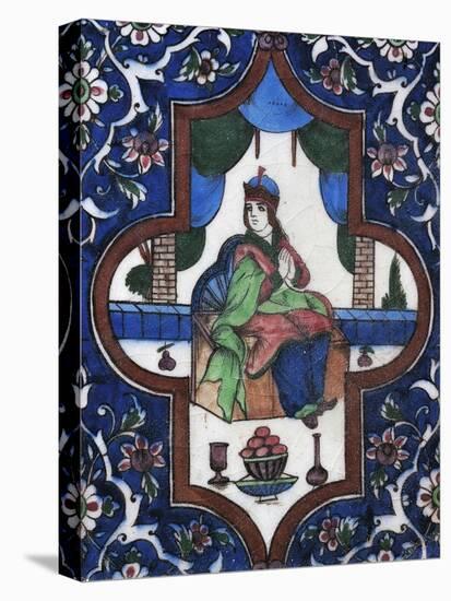 Woman Sitting, Painted Ceramic Tile, Persian Civilization, 19th Century-null-Stretched Canvas