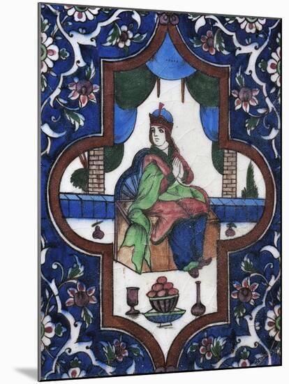 Woman Sitting, Painted Ceramic Tile, Persian Civilization, 19th Century-null-Mounted Giclee Print