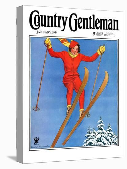 "Woman Ski Jumper," Country Gentleman Cover, January 1, 1934-Carolyn Haywood-Stretched Canvas