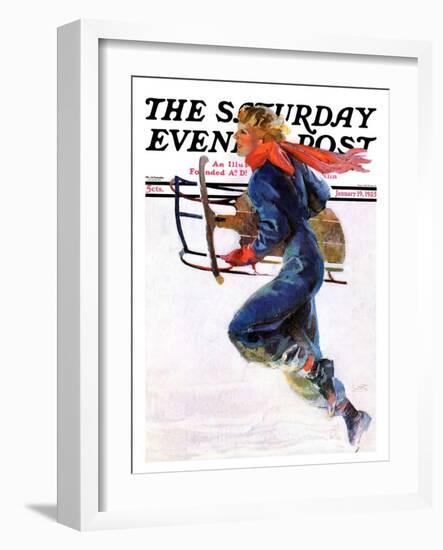 "Woman Sledder," Saturday Evening Post Cover, January 19, 1935-John LaGatta-Framed Premium Giclee Print