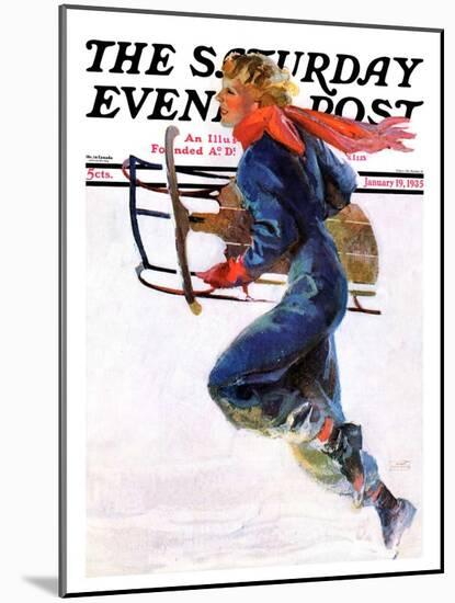 "Woman Sledder," Saturday Evening Post Cover, January 19, 1935-John LaGatta-Mounted Premium Giclee Print