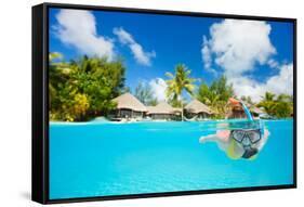 Woman Snorkeling in Clear Tropical Waters in Front of Exotic Island-BlueOrange Studio-Framed Stretched Canvas