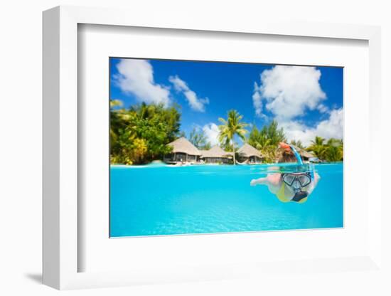 Woman Snorkeling in Clear Tropical Waters in Front of Exotic Island-BlueOrange Studio-Framed Photographic Print
