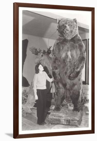 Woman Standing by Large Stufffed Bear-null-Framed Art Print