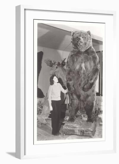 Woman Standing by Large Stufffed Bear-null-Framed Art Print