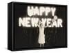 Woman Standing in Front of Neon Happy New Year Sign-null-Framed Stretched Canvas