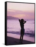 Woman Standing on Beach in Silhouette-Bill Romerhaus-Framed Stretched Canvas