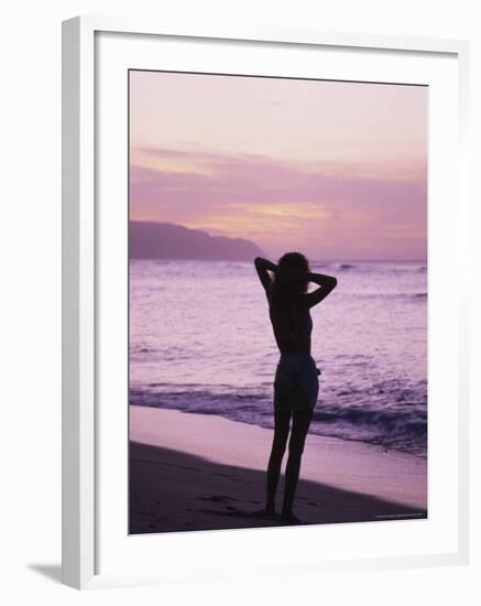 Woman Standing on Beach in Silhouette-Bill Romerhaus-Framed Photographic Print