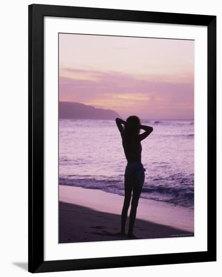 Woman Standing on Beach in Silhouette-Bill Romerhaus-Framed Photographic Print