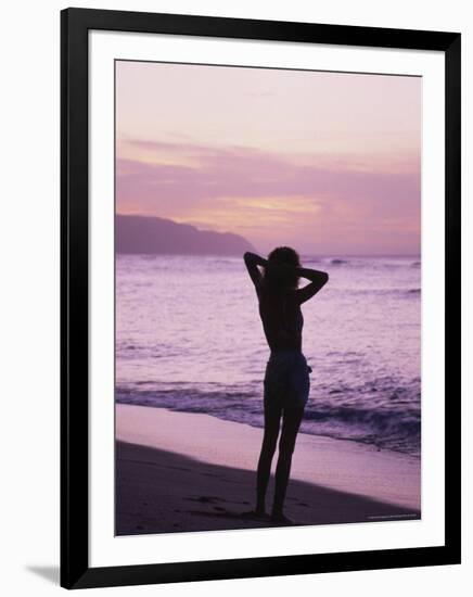 Woman Standing on Beach in Silhouette-Bill Romerhaus-Framed Photographic Print