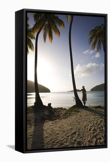 Woman Standing on Beach on Maho Bay-Macduff Everton-Framed Stretched Canvas