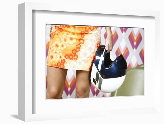 Woman, Stands, Miniskirt, Detail, Legs, Hand, Motorcycle-Helmet, Holding, Retro, People-Fact-Framed Photographic Print