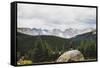 Woman Stands On A Boulder In The Brainard Lake Recreation Area, Indian Peaks Wilderness, Colorado-Louis Arevalo-Framed Stretched Canvas