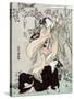 Woman Stands on another Woman to Habng a Kimono, Japanese Wood-Cut Print-Lantern Press-Stretched Canvas