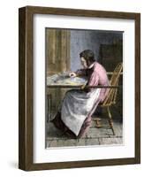 Woman Stitching a Patchwork Quilt, 1800s-null-Framed Giclee Print