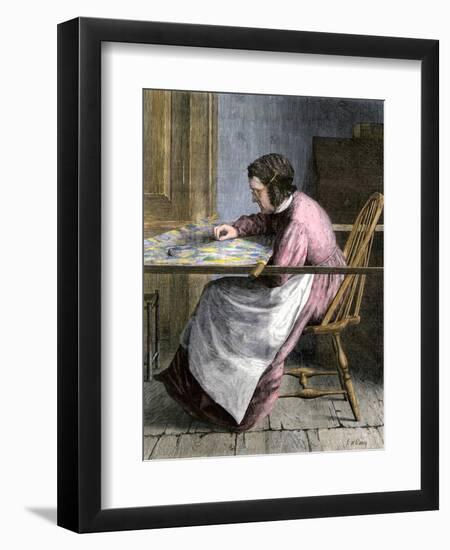 Woman Stitching a Patchwork Quilt, 1800s-null-Framed Giclee Print