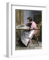 Woman Stitching a Patchwork Quilt, 1800s-null-Framed Giclee Print