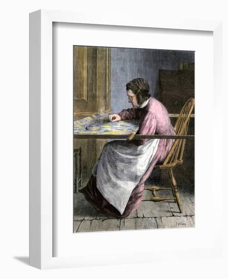 Woman Stitching a Patchwork Quilt, 1800s-null-Framed Giclee Print