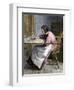 Woman Stitching a Patchwork Quilt, 1800s-null-Framed Giclee Print