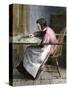 Woman Stitching a Patchwork Quilt, 1800s-null-Stretched Canvas