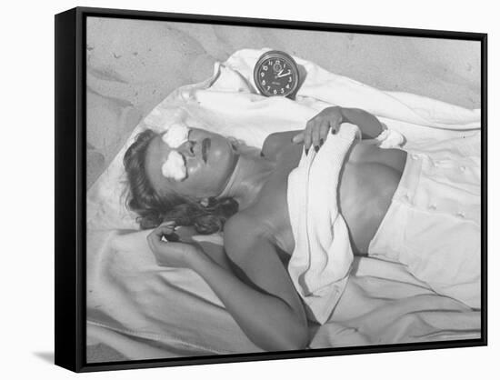 Woman Sunbathing at the Beach-Peter Stackpole-Framed Stretched Canvas