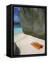 Woman Sunbathing on Beach Beween Rocks, Coco Island, Praslin, Seychelles, Indian Ocean, Africa-Bruno Barbier-Framed Stretched Canvas