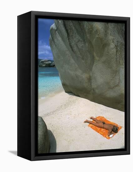 Woman Sunbathing on Beach Beween Rocks, Coco Island, Praslin, Seychelles, Indian Ocean, Africa-Bruno Barbier-Framed Stretched Canvas