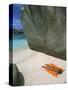 Woman Sunbathing on Beach Beween Rocks, Coco Island, Praslin, Seychelles, Indian Ocean, Africa-Bruno Barbier-Stretched Canvas