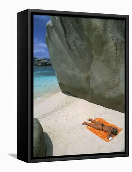 Woman Sunbathing on Beach Beween Rocks, Coco Island, Praslin, Seychelles, Indian Ocean, Africa-Bruno Barbier-Framed Stretched Canvas