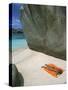 Woman Sunbathing on Beach Beween Rocks, Coco Island, Praslin, Seychelles, Indian Ocean, Africa-Bruno Barbier-Stretched Canvas