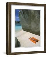 Woman Sunbathing on Beach Beween Rocks, Coco Island, Praslin, Seychelles, Indian Ocean, Africa-Bruno Barbier-Framed Photographic Print