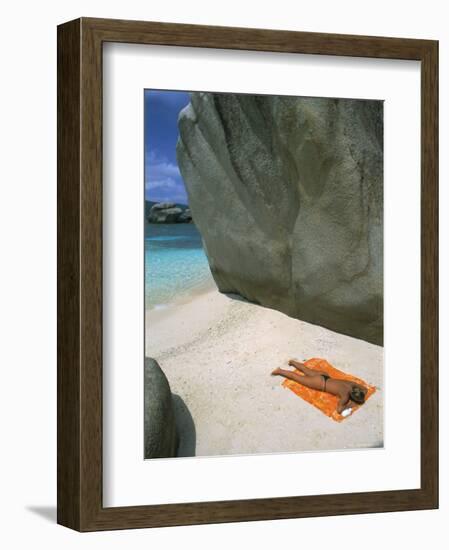 Woman Sunbathing on Beach Beween Rocks, Coco Island, Praslin, Seychelles, Indian Ocean, Africa-Bruno Barbier-Framed Photographic Print