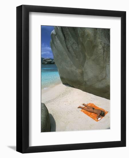 Woman Sunbathing on Beach Beween Rocks, Coco Island, Praslin, Seychelles, Indian Ocean, Africa-Bruno Barbier-Framed Photographic Print