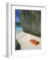 Woman Sunbathing on Beach Beween Rocks, Coco Island, Praslin, Seychelles, Indian Ocean, Africa-Bruno Barbier-Framed Photographic Print