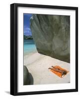 Woman Sunbathing on Beach Beween Rocks, Coco Island, Praslin, Seychelles, Indian Ocean, Africa-Bruno Barbier-Framed Photographic Print