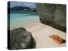 Woman Sunbathing on Beach Beween Rocks, Coco Island, Praslin, Seychelles, Indian Ocean, Africa-Bruno Barbier-Stretched Canvas