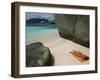 Woman Sunbathing on Beach Beween Rocks, Coco Island, Praslin, Seychelles, Indian Ocean, Africa-Bruno Barbier-Framed Photographic Print