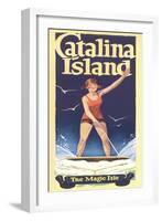 Woman Surfing on Catalina Island-null-Framed Art Print