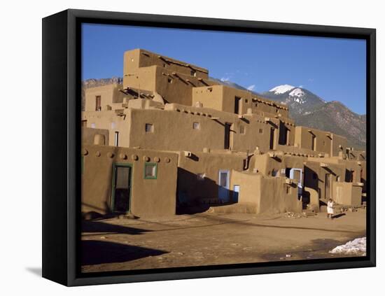Woman Sweeping Up, in Front of the Adobe Buildings, Dating from 1450, Taos Pueblo, New Mexico, USA-Westwater Nedra-Framed Stretched Canvas
