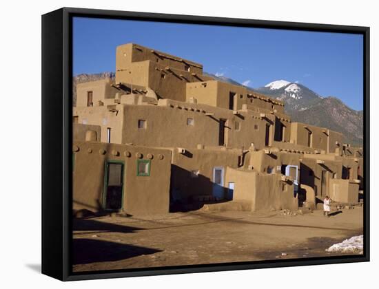 Woman Sweeping Up, in Front of the Adobe Buildings, Dating from 1450, Taos Pueblo, New Mexico, USA-Westwater Nedra-Framed Stretched Canvas