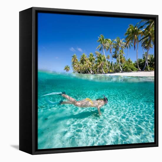 Woman Swimming in a Clear Tropical Waters in Front of Exotic Island-BlueOrange Studio-Framed Stretched Canvas