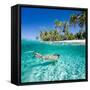 Woman Swimming in a Clear Tropical Waters in Front of Exotic Island-BlueOrange Studio-Framed Stretched Canvas