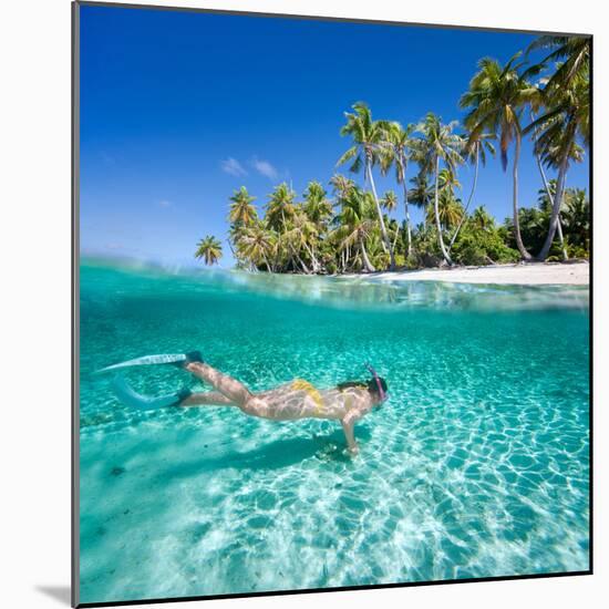 Woman Swimming in a Clear Tropical Waters in Front of Exotic Island-BlueOrange Studio-Mounted Photographic Print