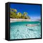 Woman Swimming Underwater in Clear Tropical Waters in Front of Exotic Island-BlueOrange Studio-Framed Stretched Canvas