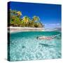 Woman Swimming Underwater in Clear Tropical Waters in Front of Exotic Island-BlueOrange Studio-Stretched Canvas