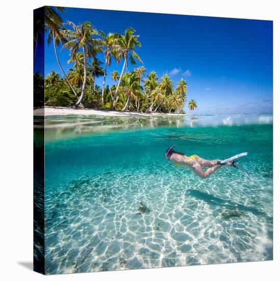 Woman Swimming Underwater in Clear Tropical Waters in Front of Exotic Island-BlueOrange Studio-Stretched Canvas