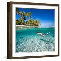 Woman Swimming Underwater in Clear Tropical Waters in Front of Exotic Island-BlueOrange Studio-Framed Photographic Print