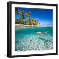 Woman Swimming Underwater in Clear Tropical Waters in Front of Exotic Island-BlueOrange Studio-Framed Photographic Print